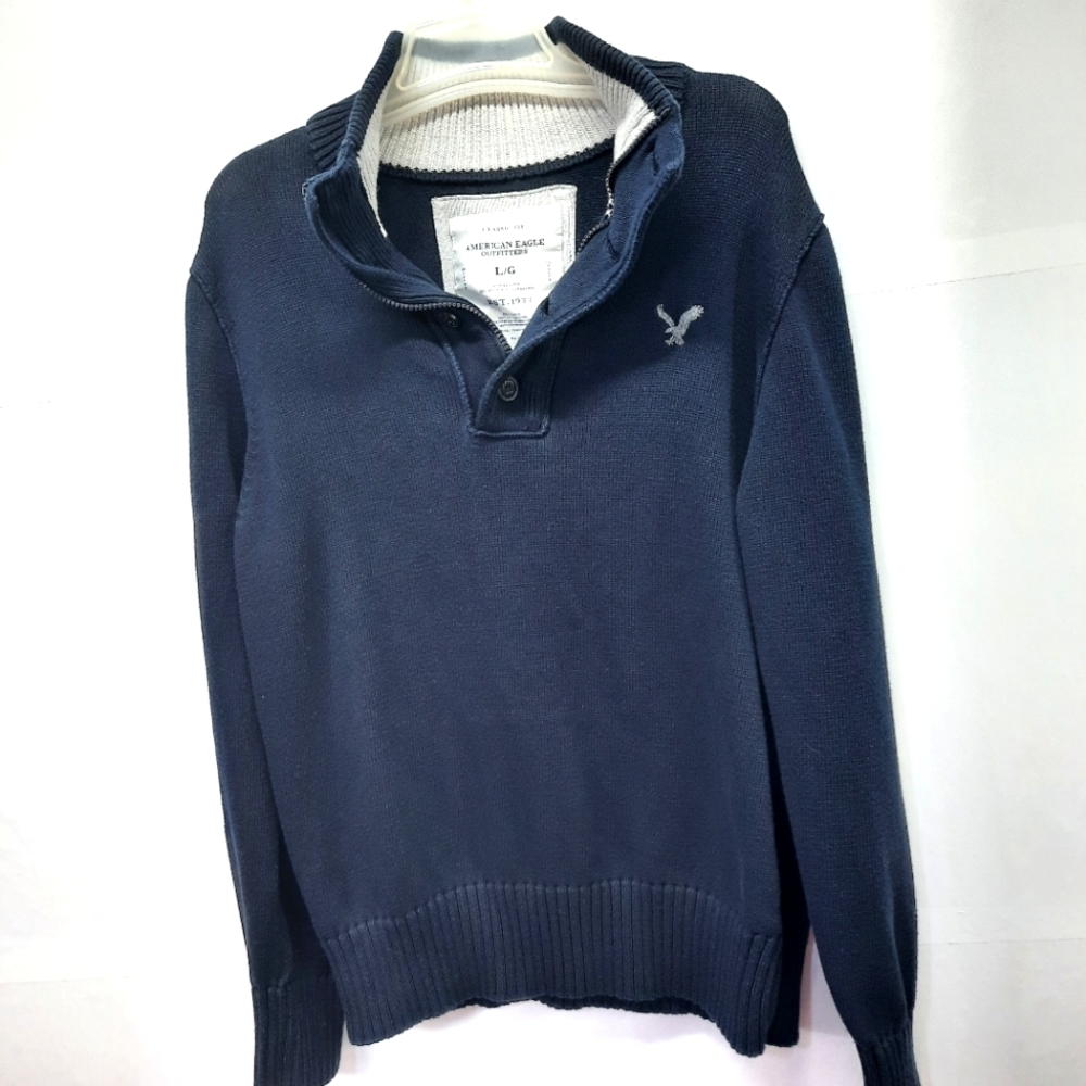 American Eagle Classic Fit Navy Blue Cable Knit Men's Long Sleeve Sweater SZ L